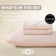 UGG drap plat et taie Hedi rose montrant coupe et finition