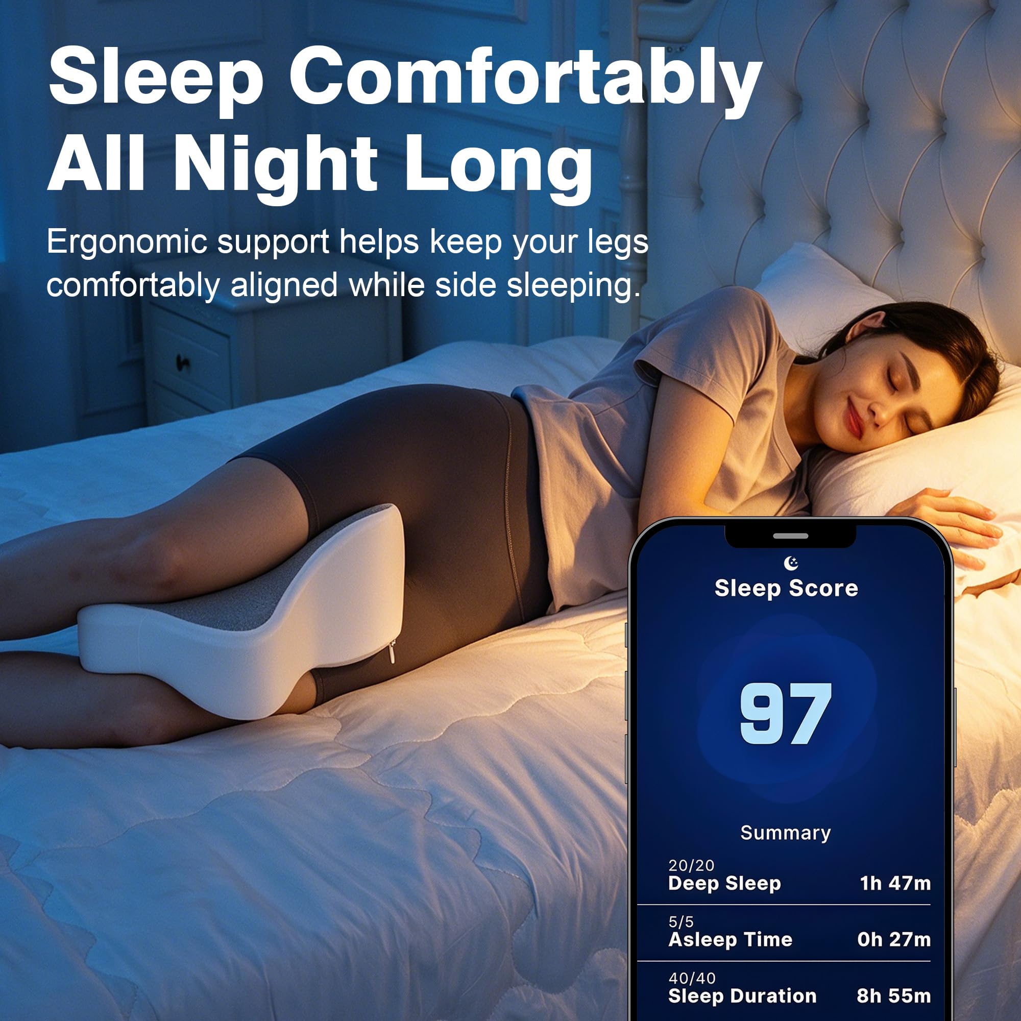 UJPFEO coussin en usage sur un lit pour alignement et stabilité nocturne