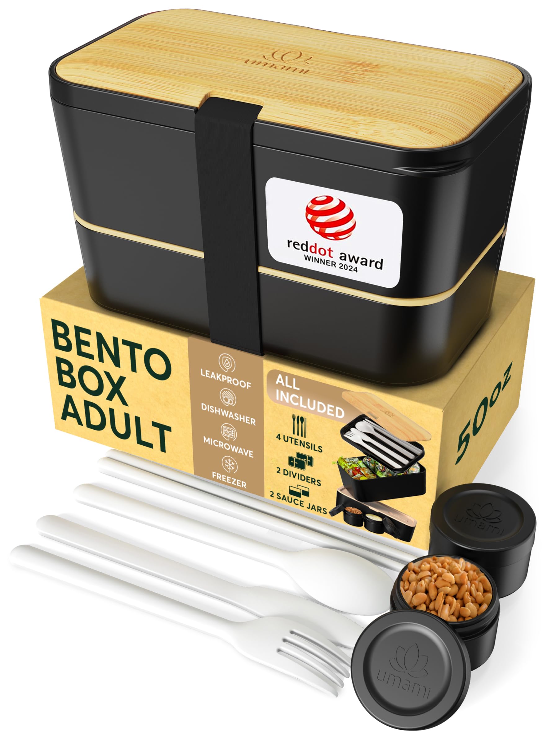 Umami boîte bento face avant noir et bambou, look professionnel et rangement pratique