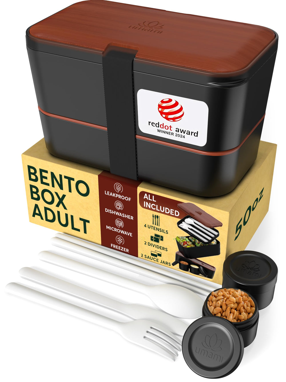 Umami boîte bento face avant montrant design étanche et compartiments pratiques