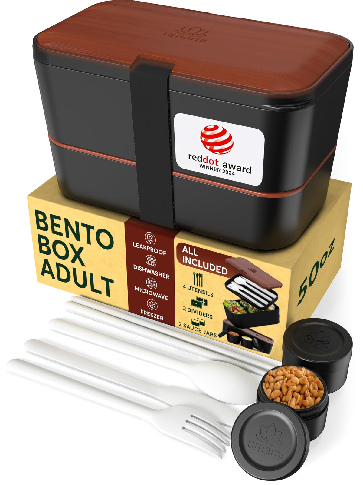Umami boîte bento face avant montrant design étanche et compartiments pratiques