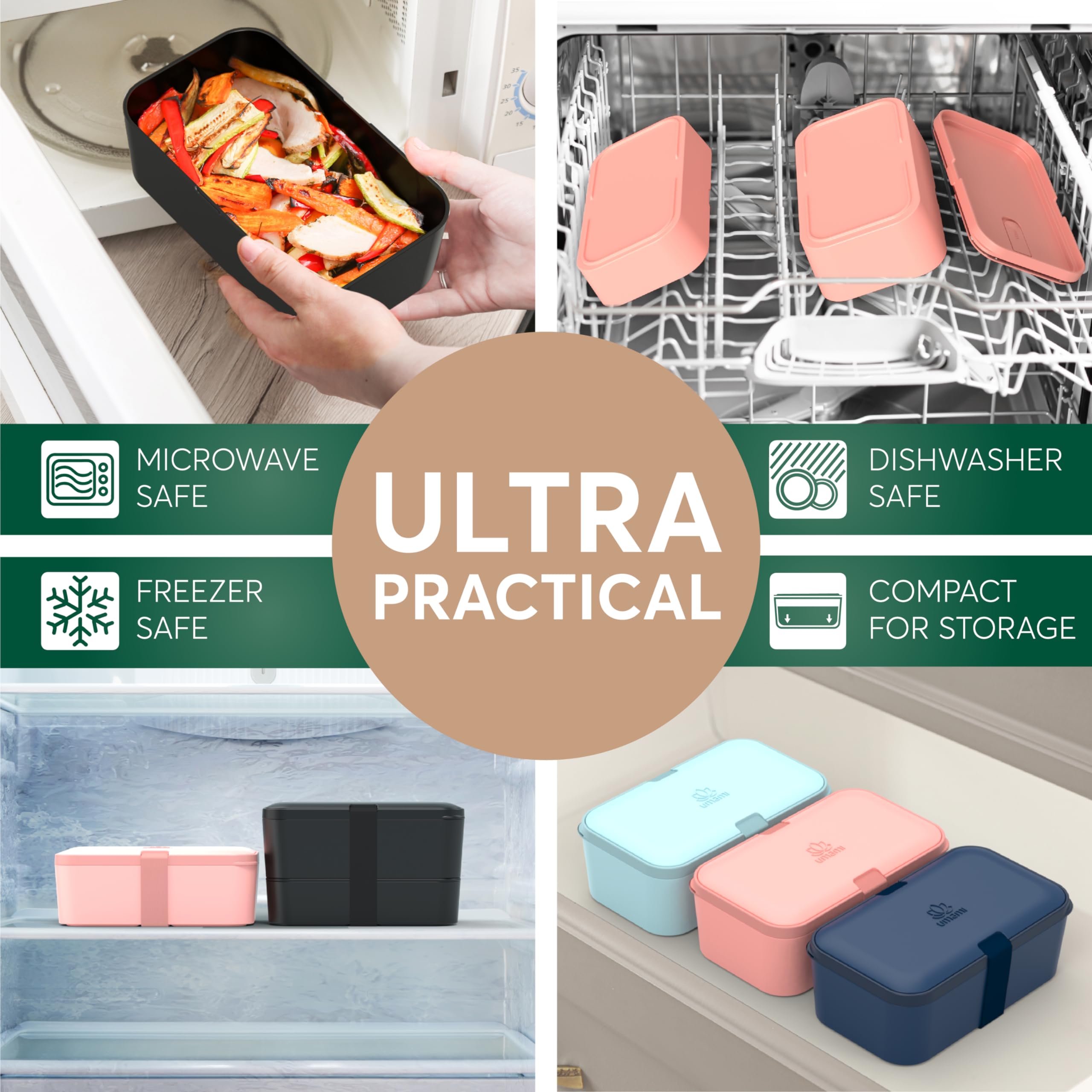 Umami bento rangée empilée dans une cuisine, gain de place clair et ordonné