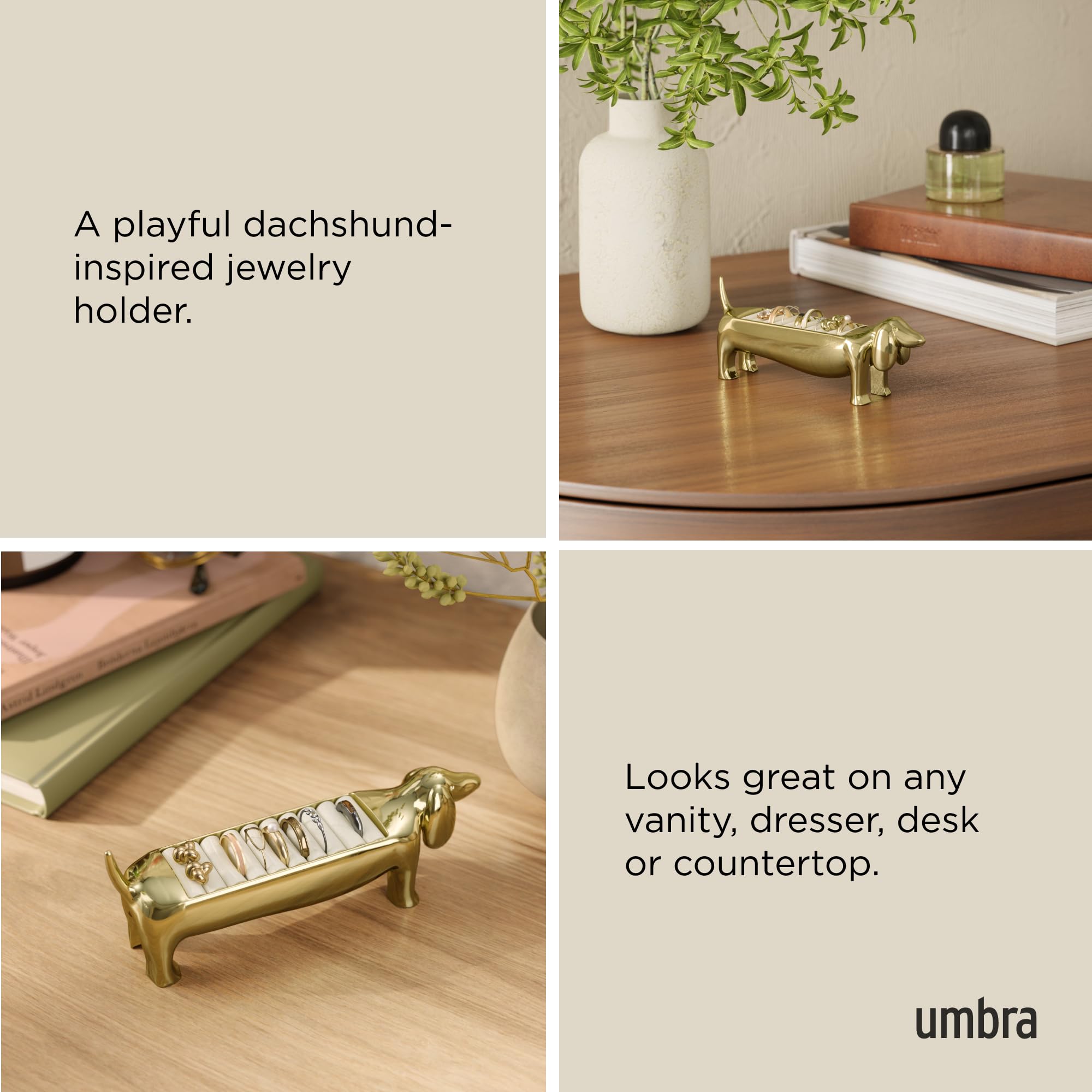 Umbra Dachsie sur une commode organisant bagues et boucles d'oreilles