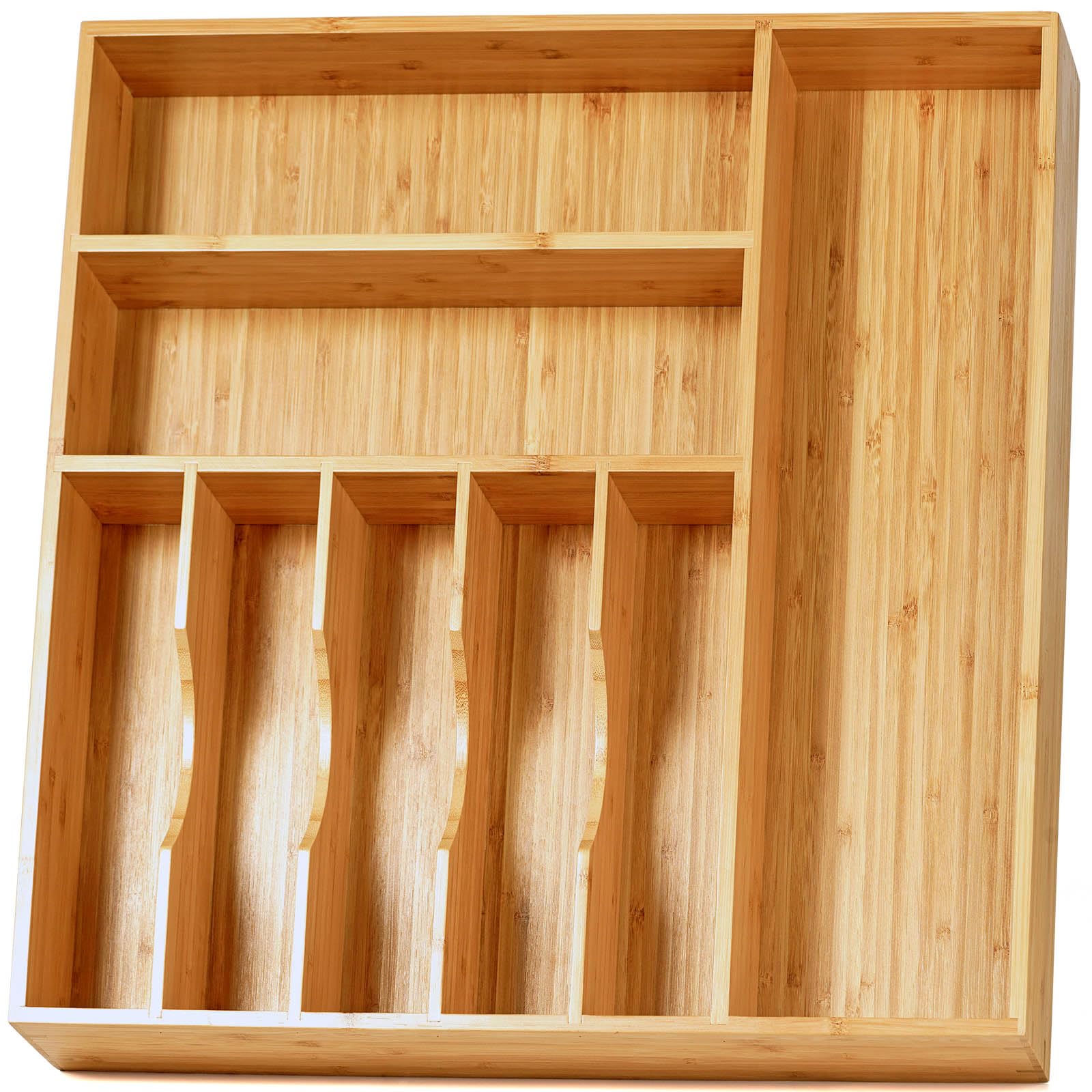 Umilife vue frontale du plateau en bambou montrant compartiments et finition durable