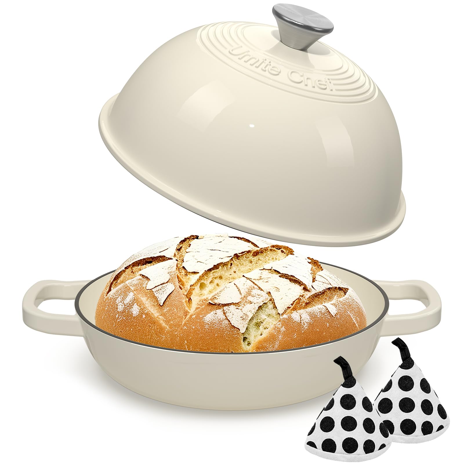 Umite Chef miche de pain sortie chaude de la cocotte, illustrant une croûte dorée et une mie aérée