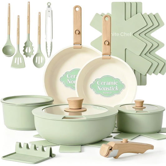 Umite Chef vue avant de l'ensemble 21 pièces, design vert sauge pratique