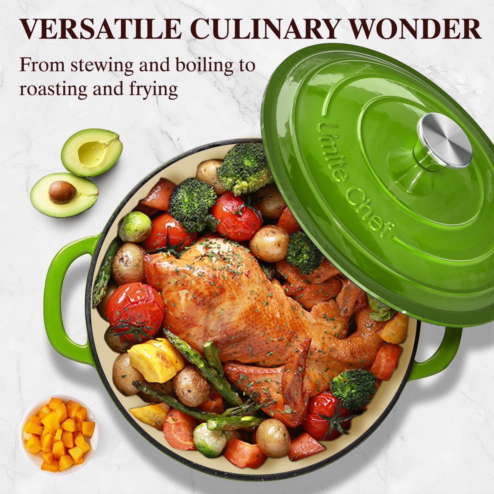 Umite Chef intérieur émaillé montrant surface antiadhésive et cuisson sûre