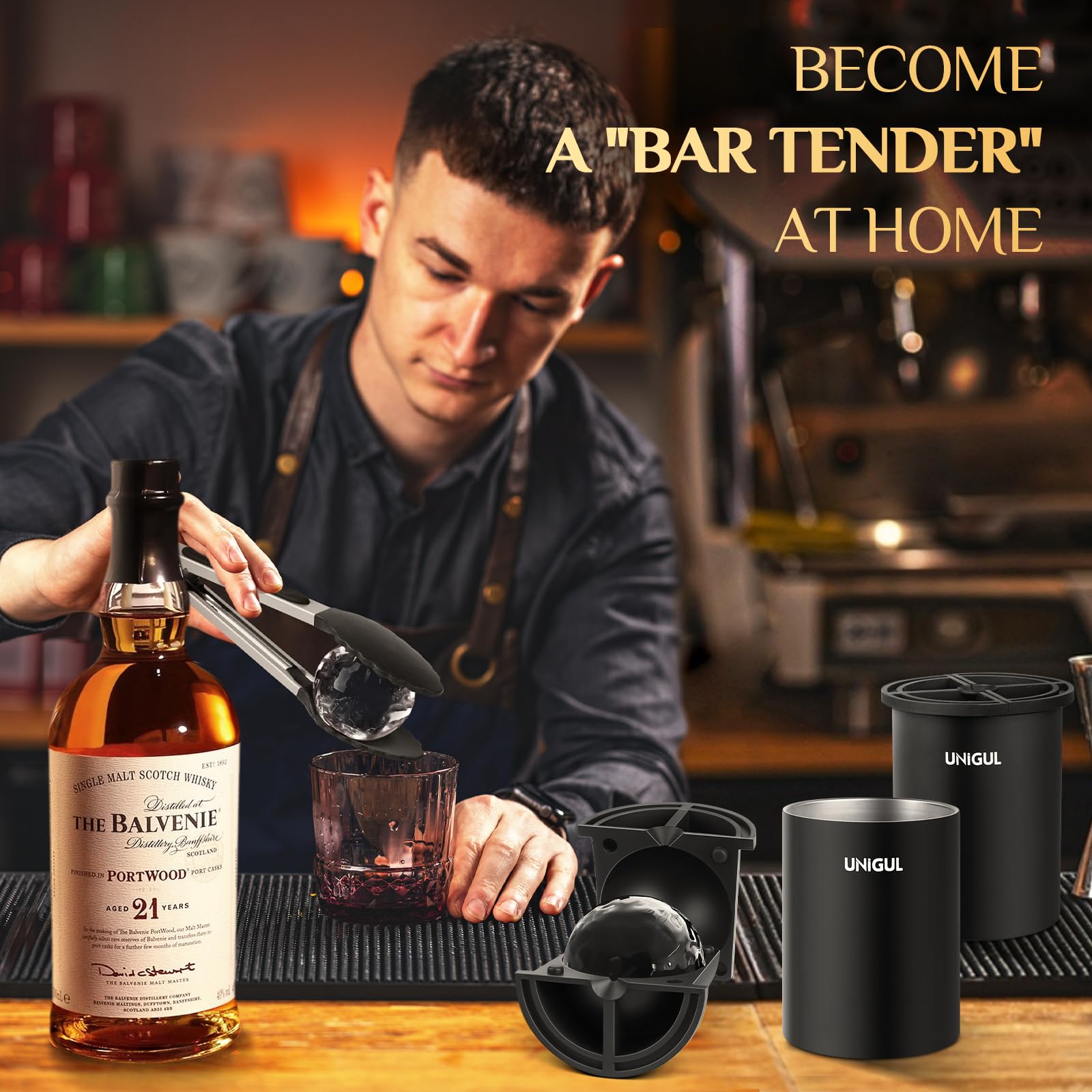 Unigul mise en scène bar lifestyle avec glace sphérique pour présentation élégante