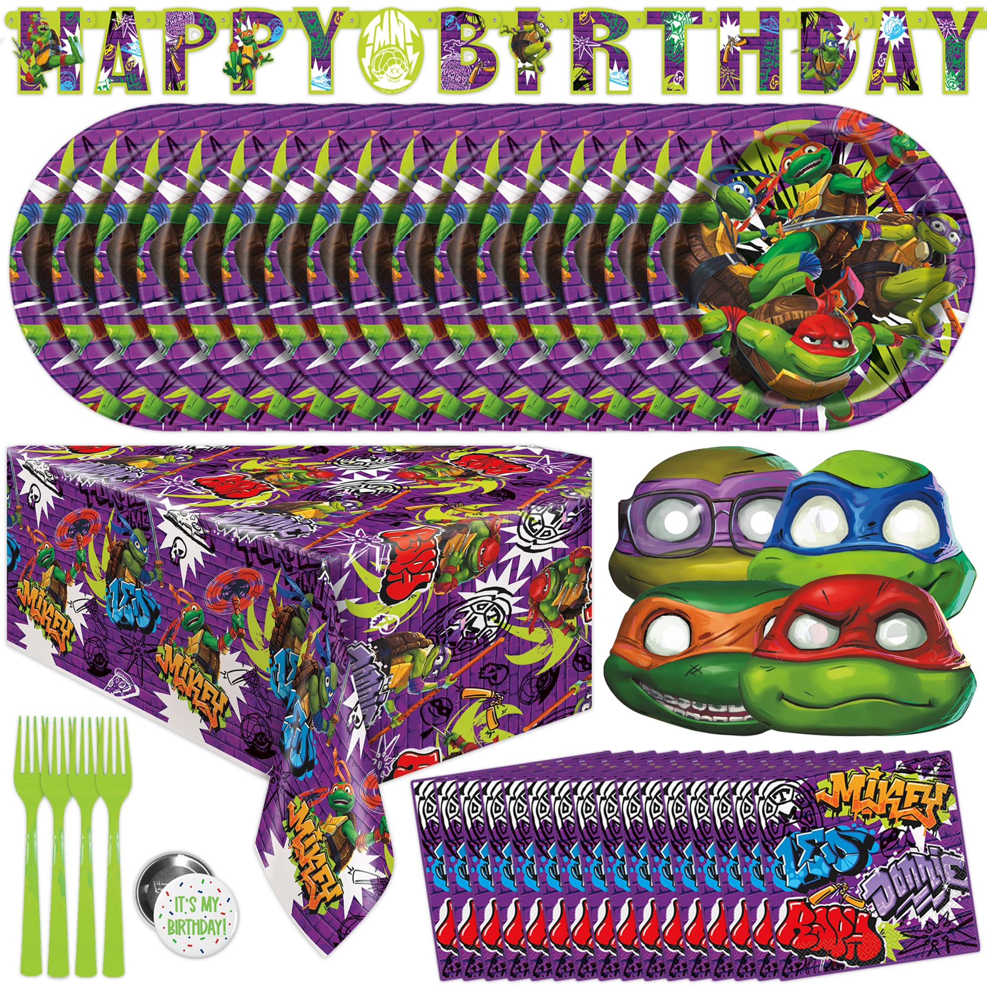 Unique packaging frontal du kit TMNT pour fête, présentation claire et complète