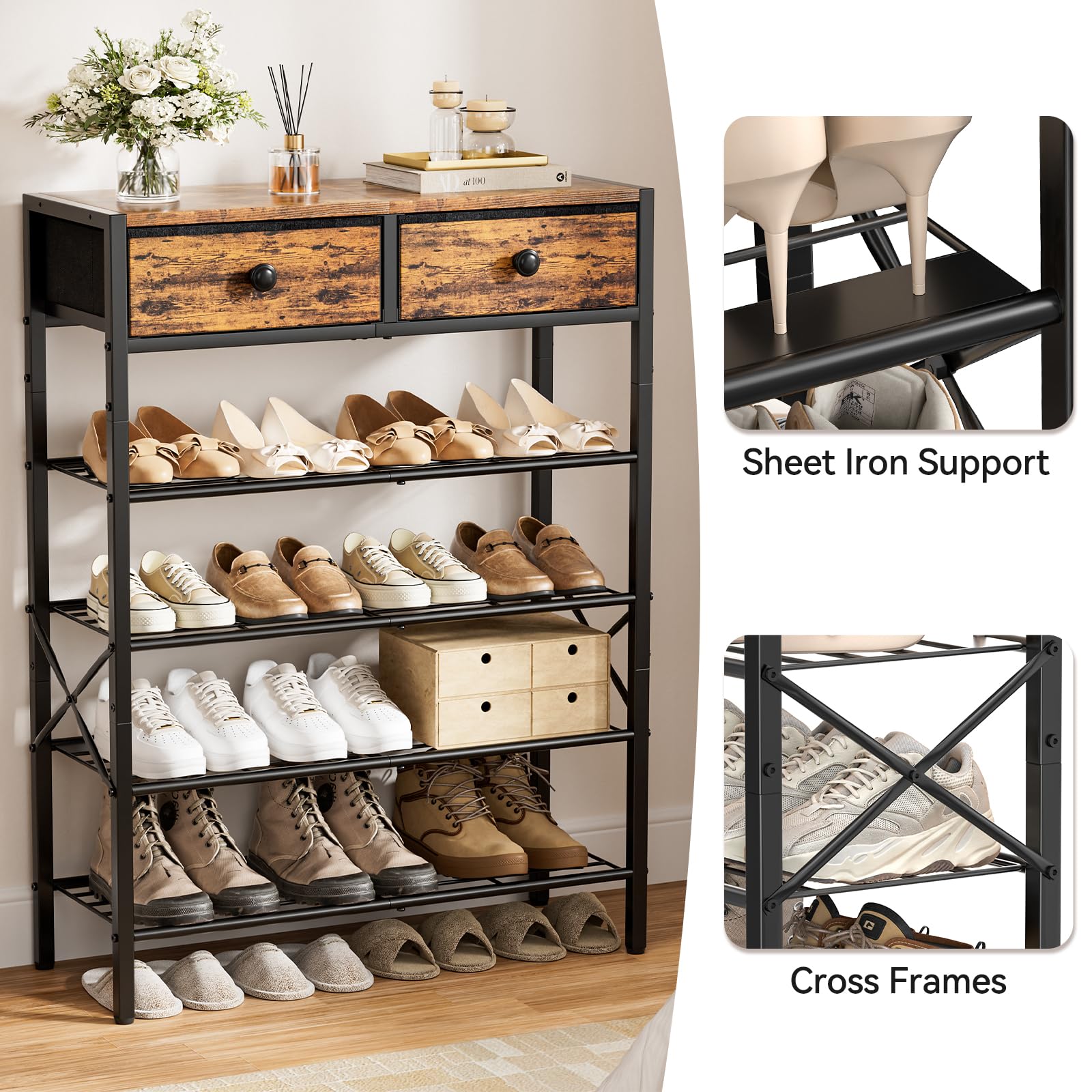 UNITSTAGE étagères chargées de chaussures montrant capacité et organisation