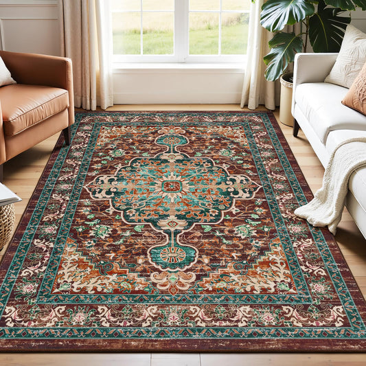 U'Artlines face avant du tapis boho vintage montrant motif floral et couleurs chaudes
