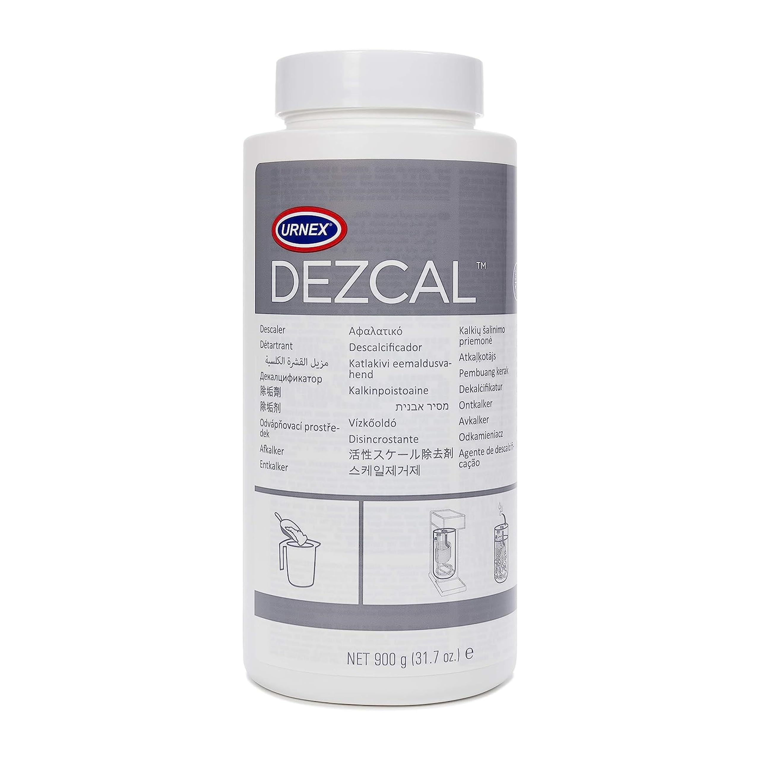 Urnex Dezcal flacon avant montrant l'étiquette et la contenance
