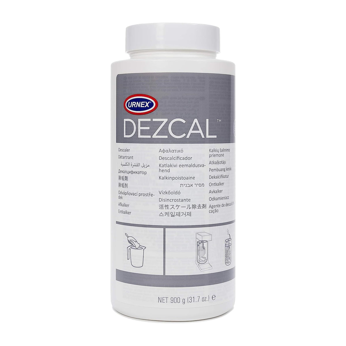 Urnex Dezcal flacon avant montrant l'étiquette et la contenance