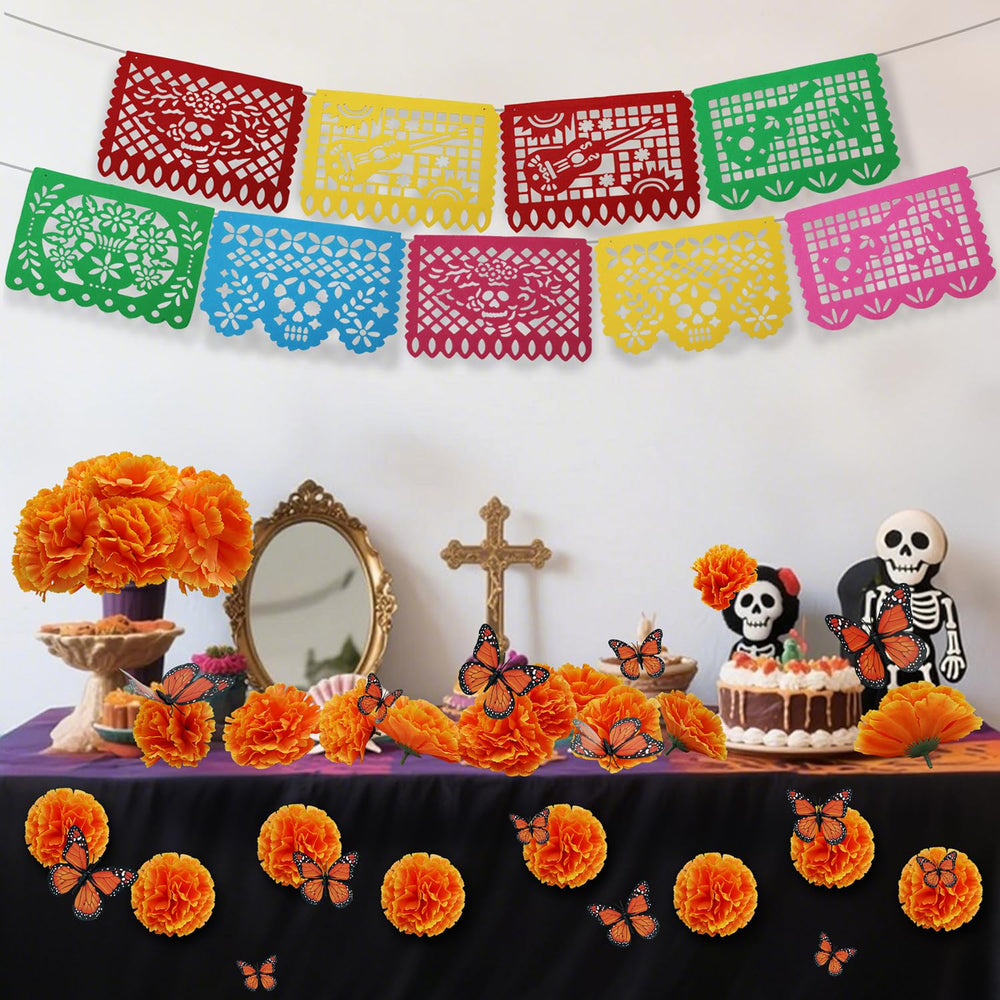 UROINEPA autel décoré avec fleurs et bannières montrant utilité pour Día de los Muertos