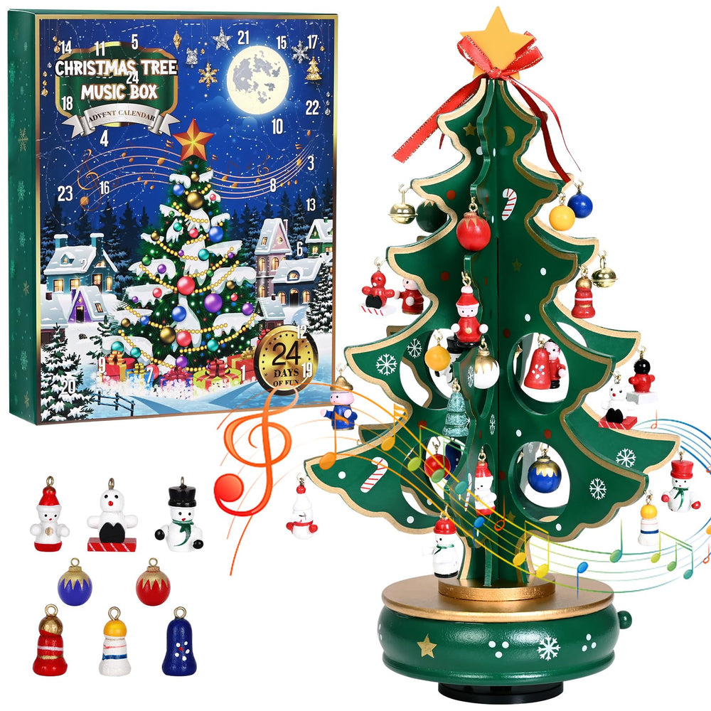 Uspring arbre musical en bois, vue de face, apporte une ambiance festive