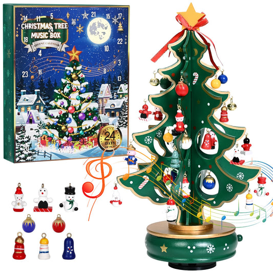 Uspring arbre musical en bois, vue de face, apporte une ambiance festive