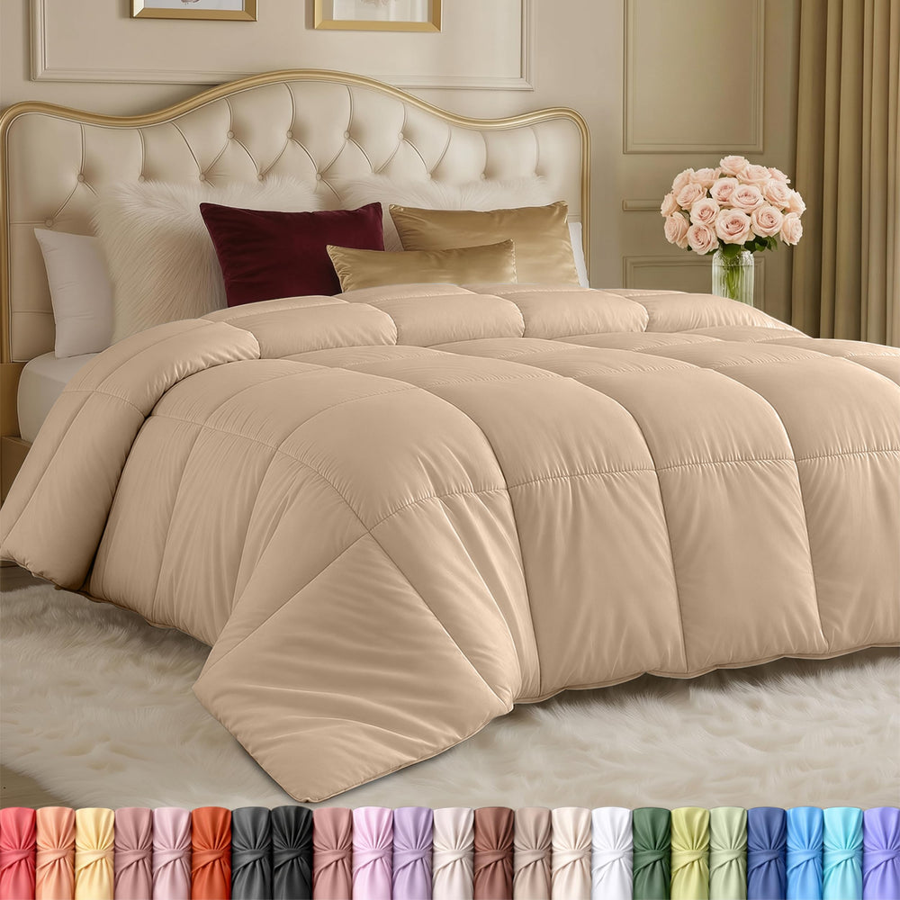 Utopia Bedding couette face entière beige montrant drapé uniforme et confort