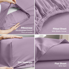 Utopia Bedding drap plat lavande étendu mettant en avant retombée généreuse et couverture