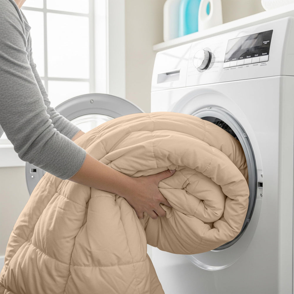 Utopia Bedding couette près d'une règle pour comparer la taille queen