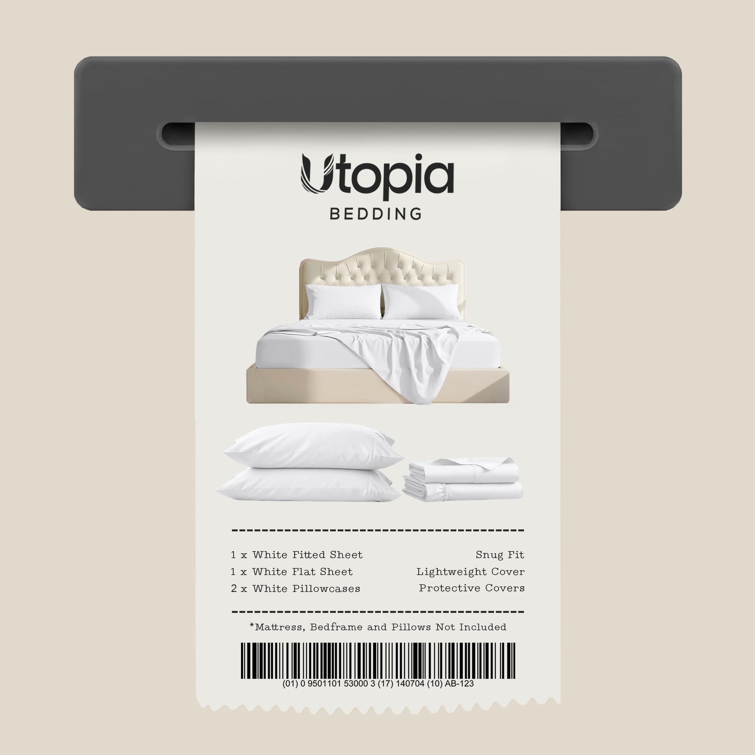 Utopia Bedding emballage et étiquette d'entretien indiquant lavage facile et durabilité