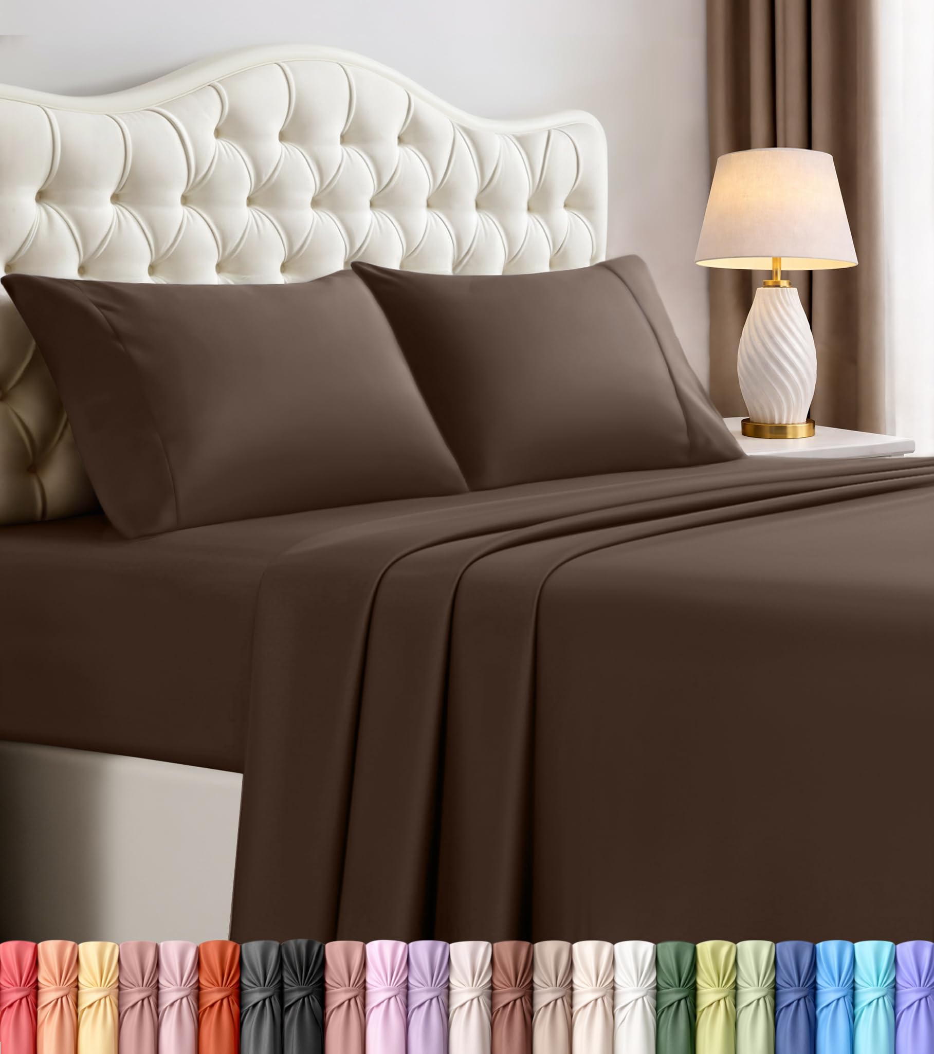 Utopia Bedding emballage avant montrant l'ensemble 4 pièces marron et bénéfice praticité