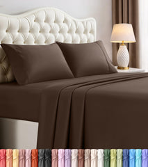 Utopia Bedding emballage avant montrant l'ensemble 4 pièces marron et bénéfice praticité
