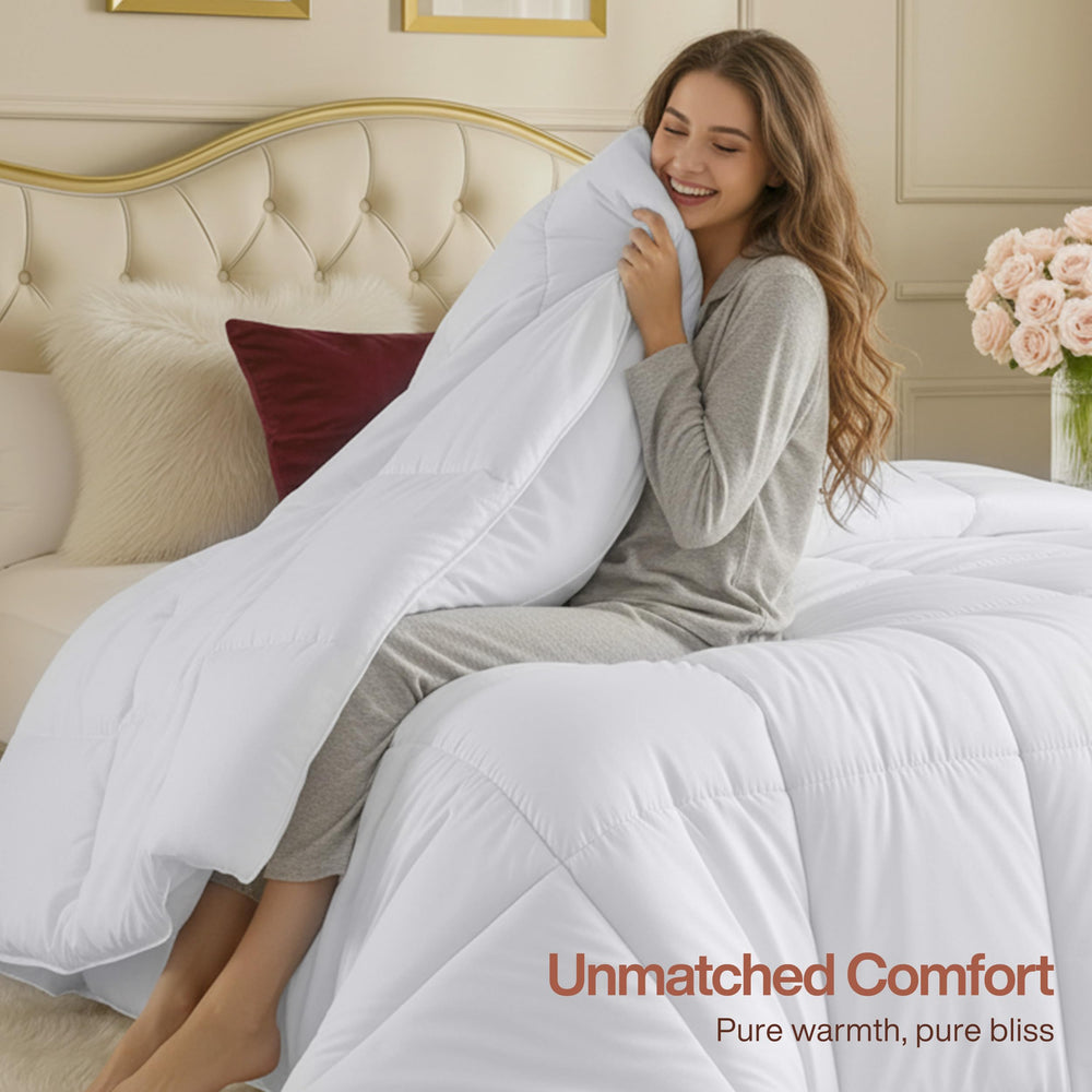 Utopia Bedding posé sur lit king illustrant drapé uniforme et confort