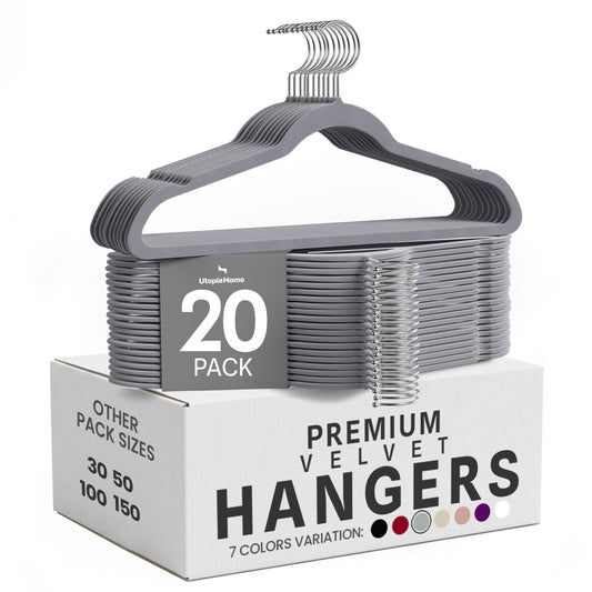 Utopia Home pack 20 cintres velours gris vue de face pour rangement optimisé