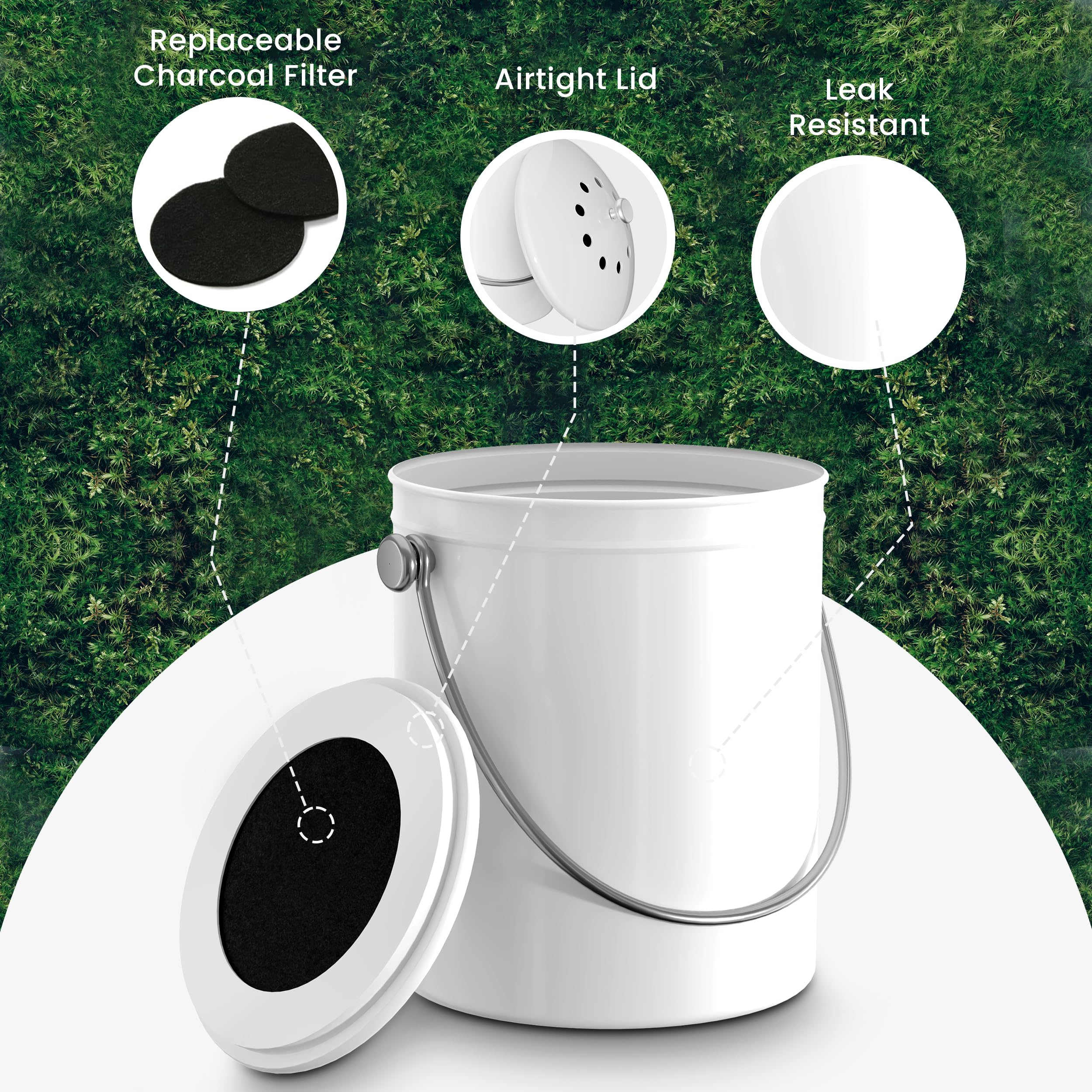 Utopia Kitchen bac à compost à côté d'une tasse pour échelle taille