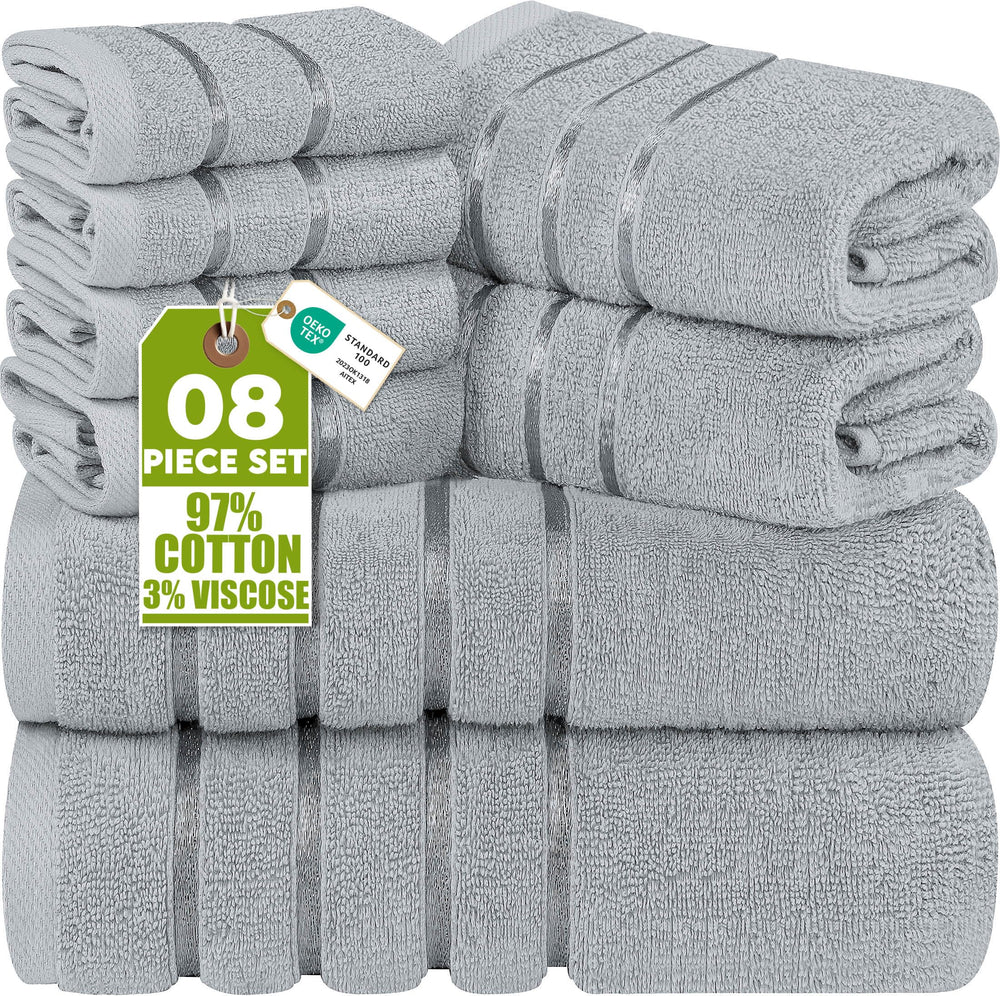 Utopia Towels face avant emballage montrant lot 8 pièces et aspect premium