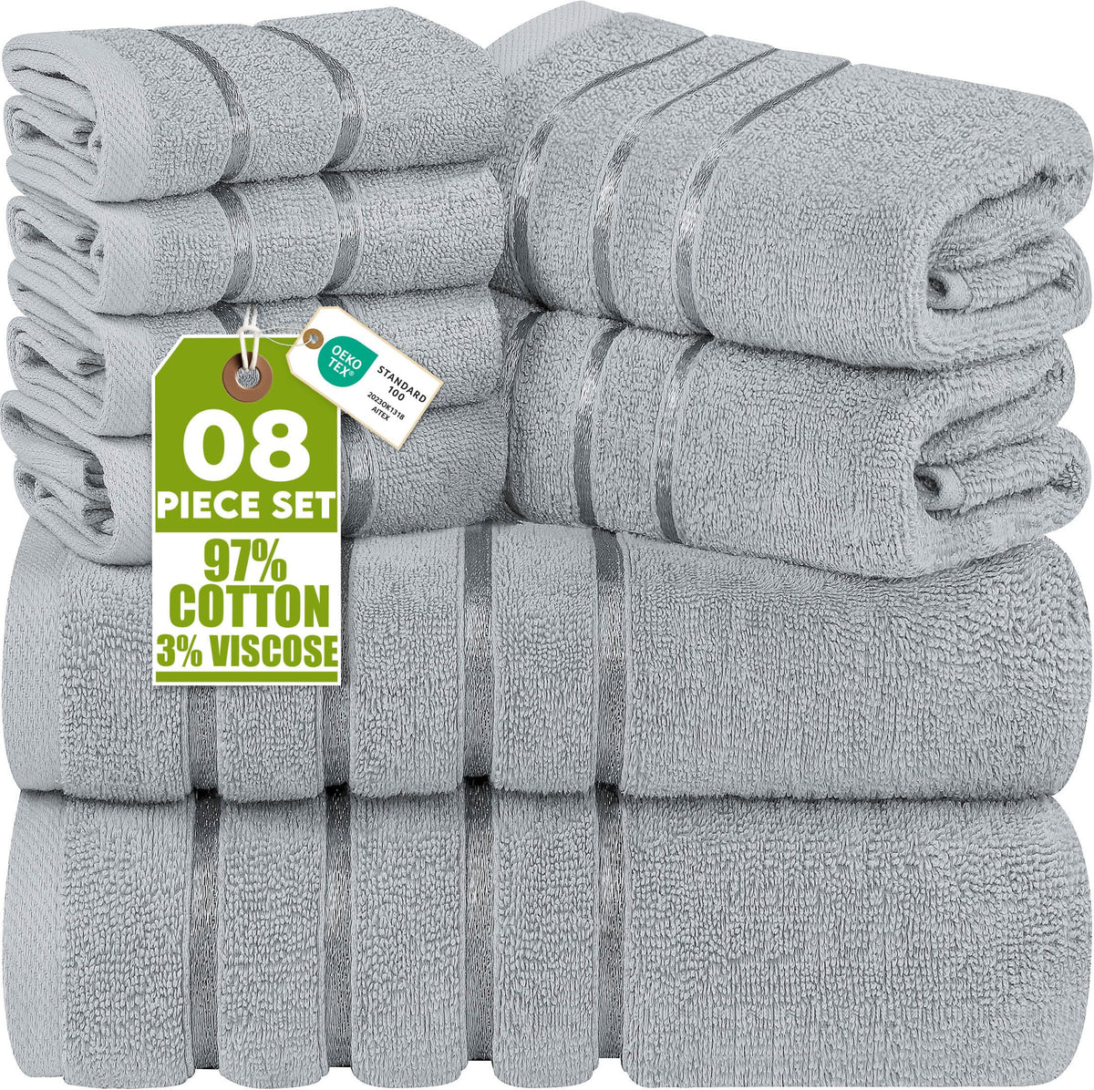 Utopia Towels face avant emballage montrant lot 8 pièces et aspect premium
