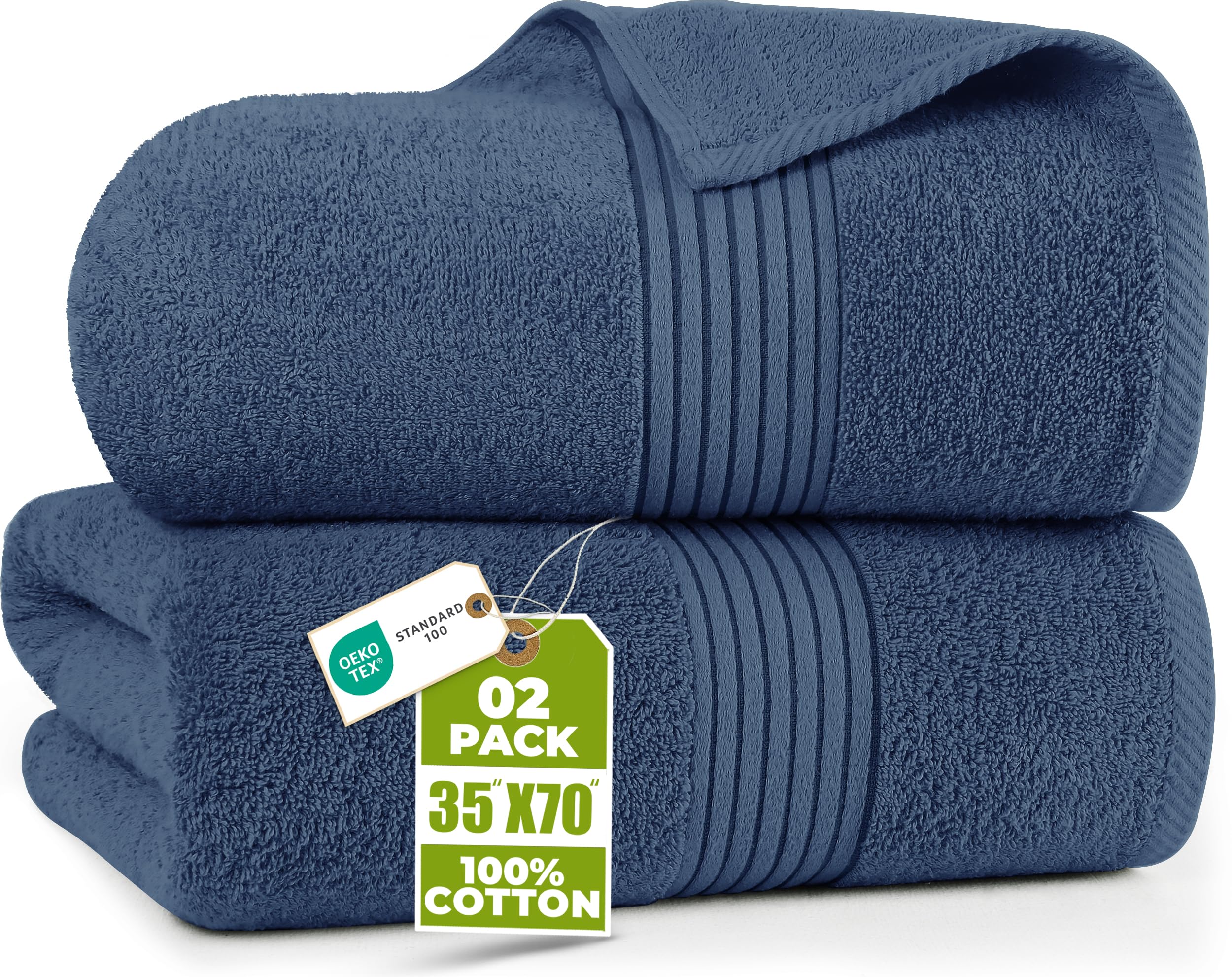 Utopia Towels vue avant du lot de deux serviettes montrant couleur bleu marine et emballage pratique