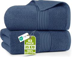 Utopia Towels vue avant du lot de deux serviettes montrant couleur bleu marine et emballage pratique