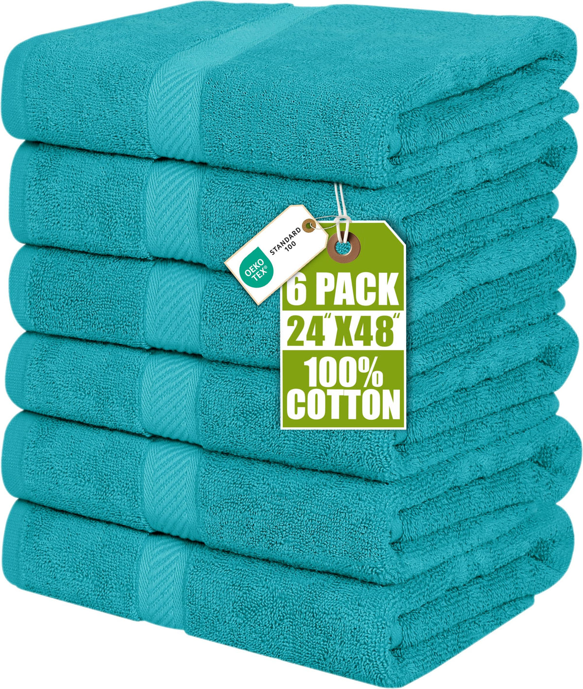 Utopia Towels pack 6 devant l'emballage montrant le lot et la couleur turquoise bénéfice rangement facile