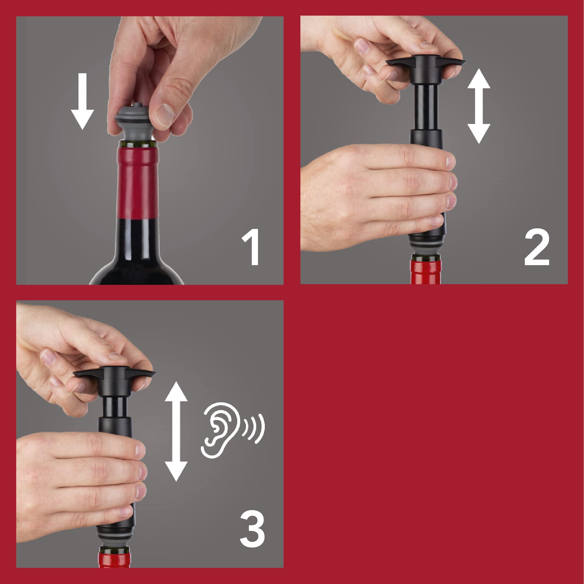 Vacu Vin bouchon en usage sur bouteille montrant la fonction sous vide