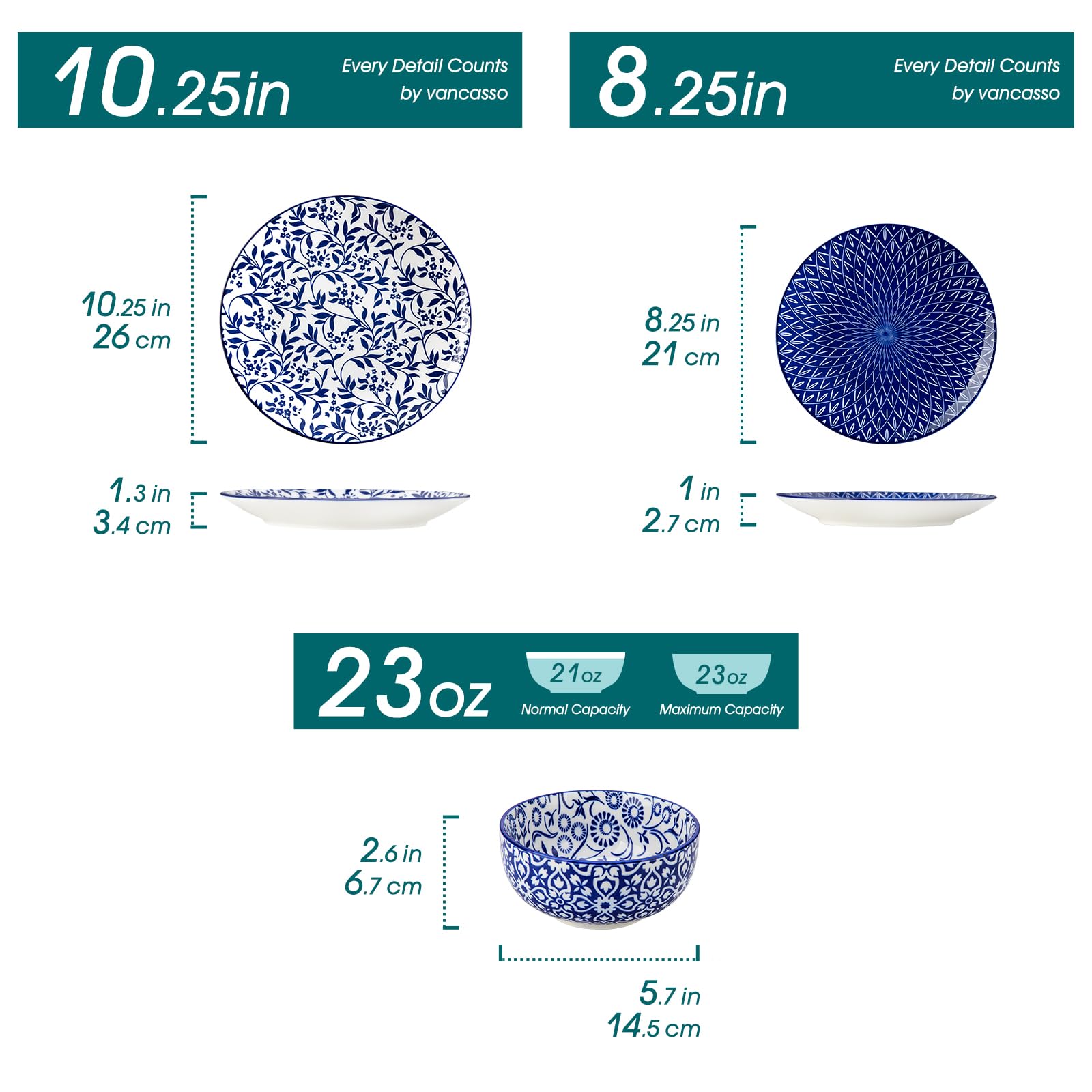 vancasso assiette de dîner SELENE bleue et blanche, finition élégante pour repas