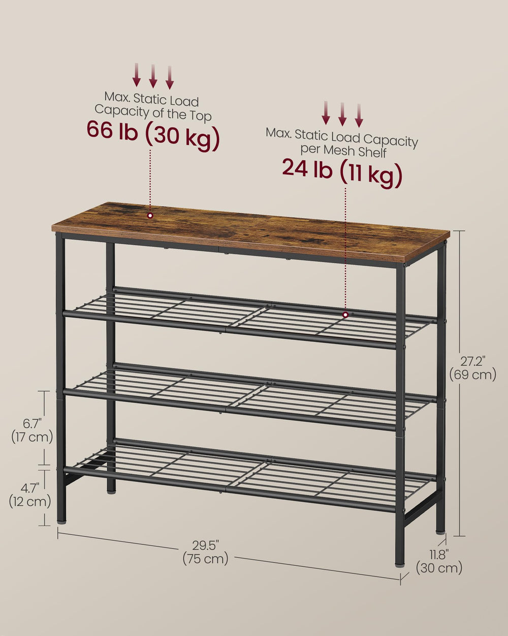 VASAGLE comparaison taille avec règle illustrant dimensions compactes