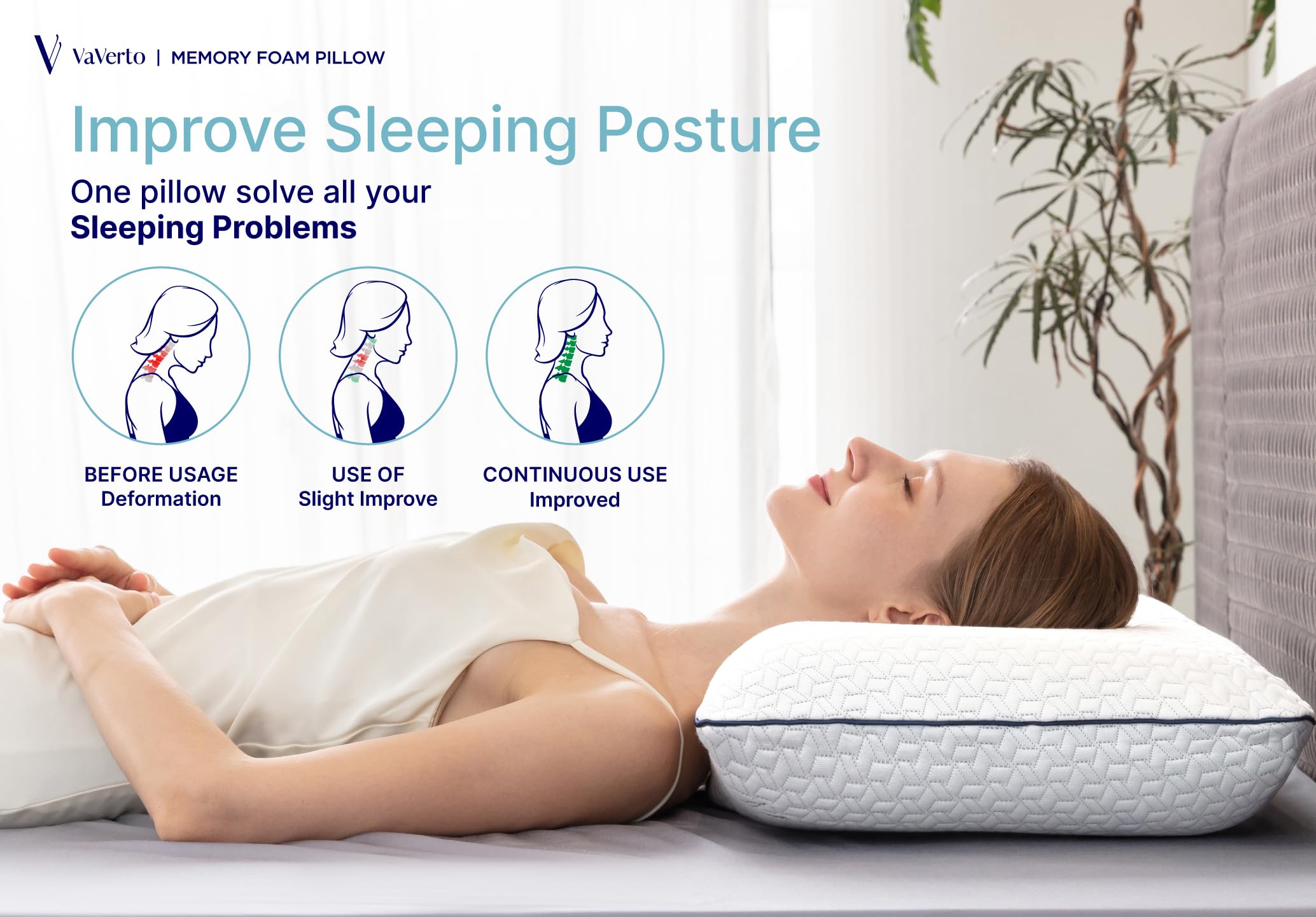 Vaverto oreiller en usage sur lit illustrant confort pour différentes positions