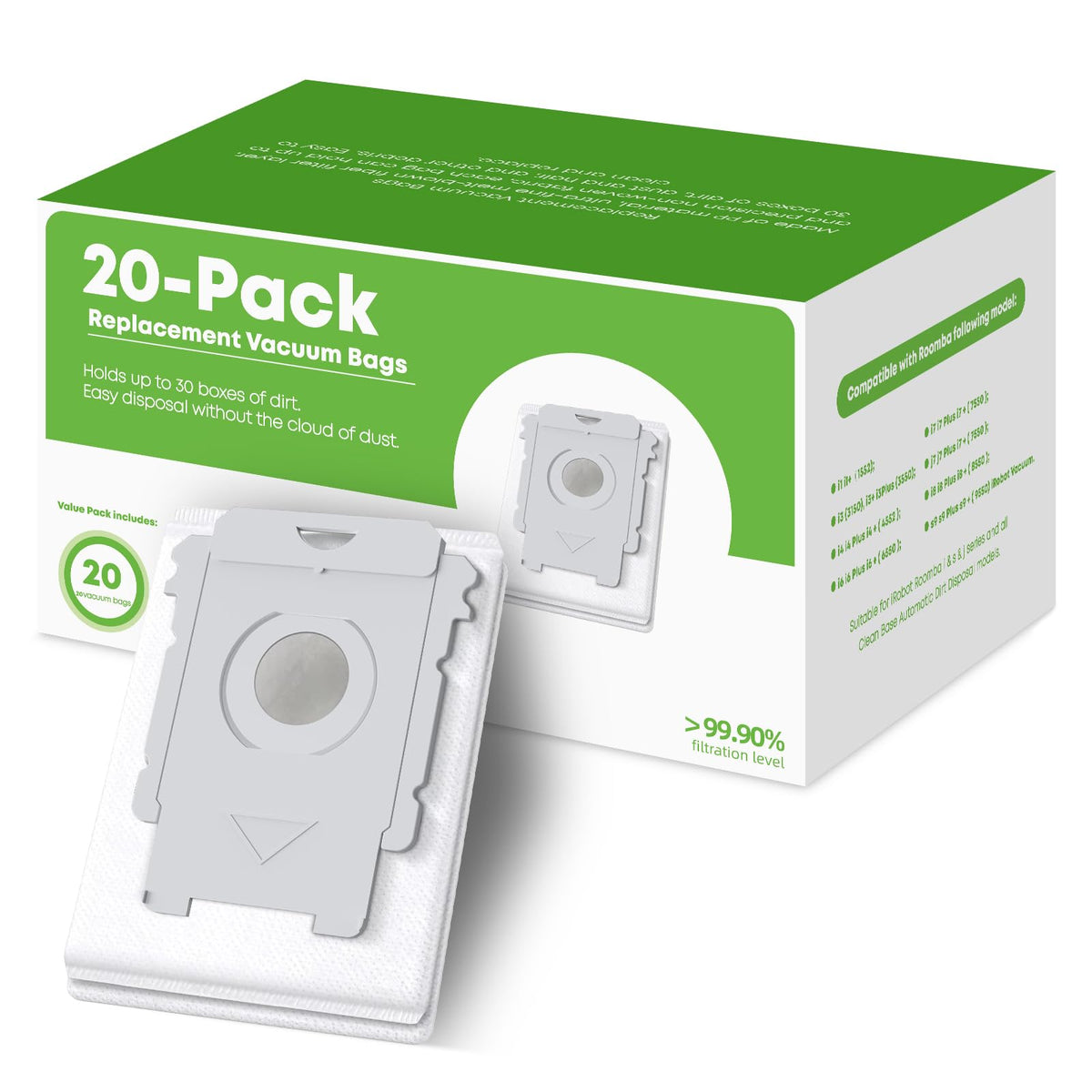 VBN emballage avant montrant 20 sacs pour station Roomba, rangement pratique