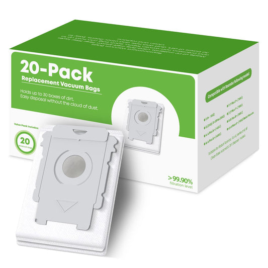 VBN emballage avant montrant 20 sacs pour station Roomba, rangement pratique
