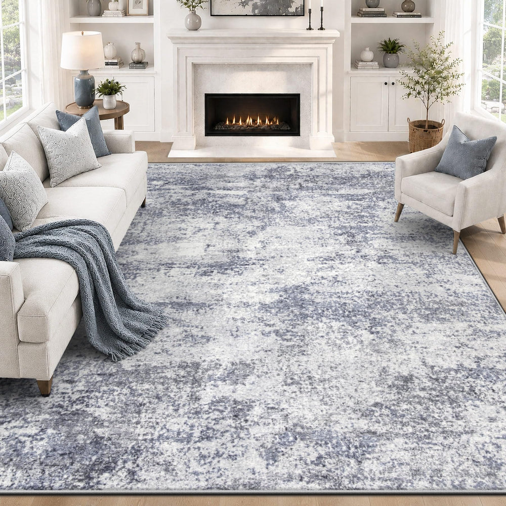 VECARF tapis 8x10 vue avant motif abstrait bleu gris et cadre moderne