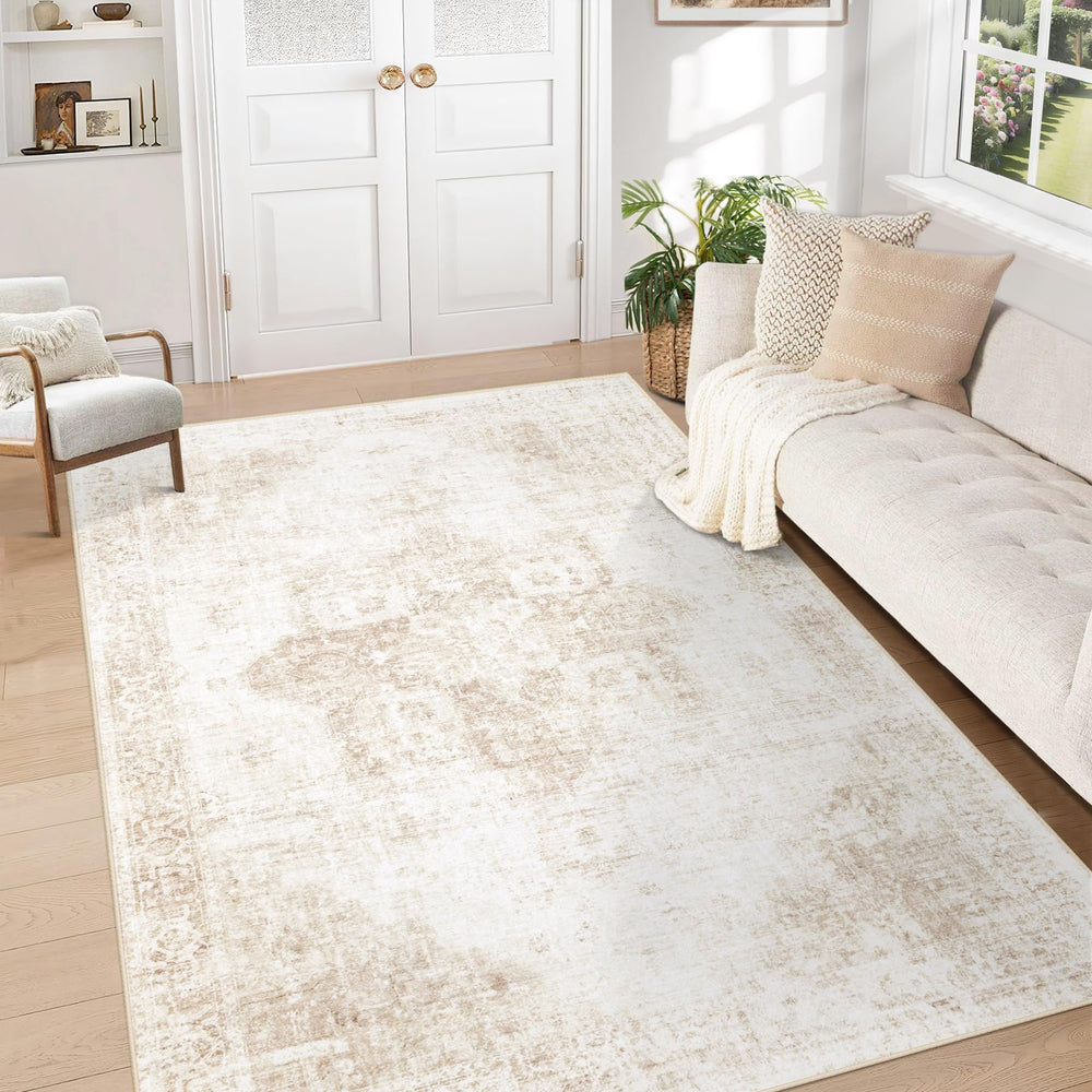 VECARF face avant du tapis beige montrant motif vintage et confort