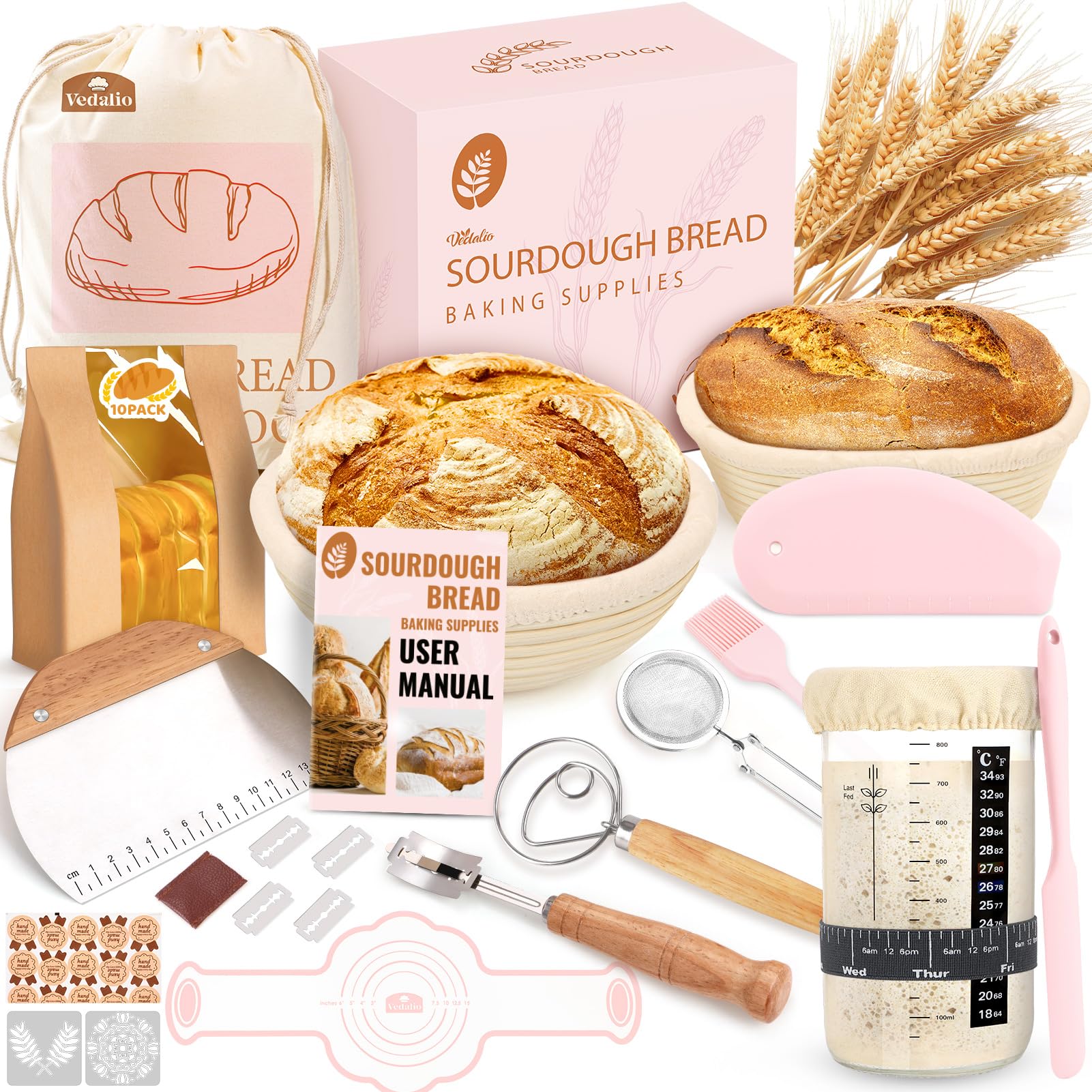 VEDALIO kit complet rose vu d'ensemble pour démarrer le levain facilement