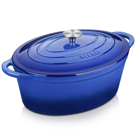 Velaze cocotte ovale bleue en fonte émaillée vue de face pour cuisson polyvalente