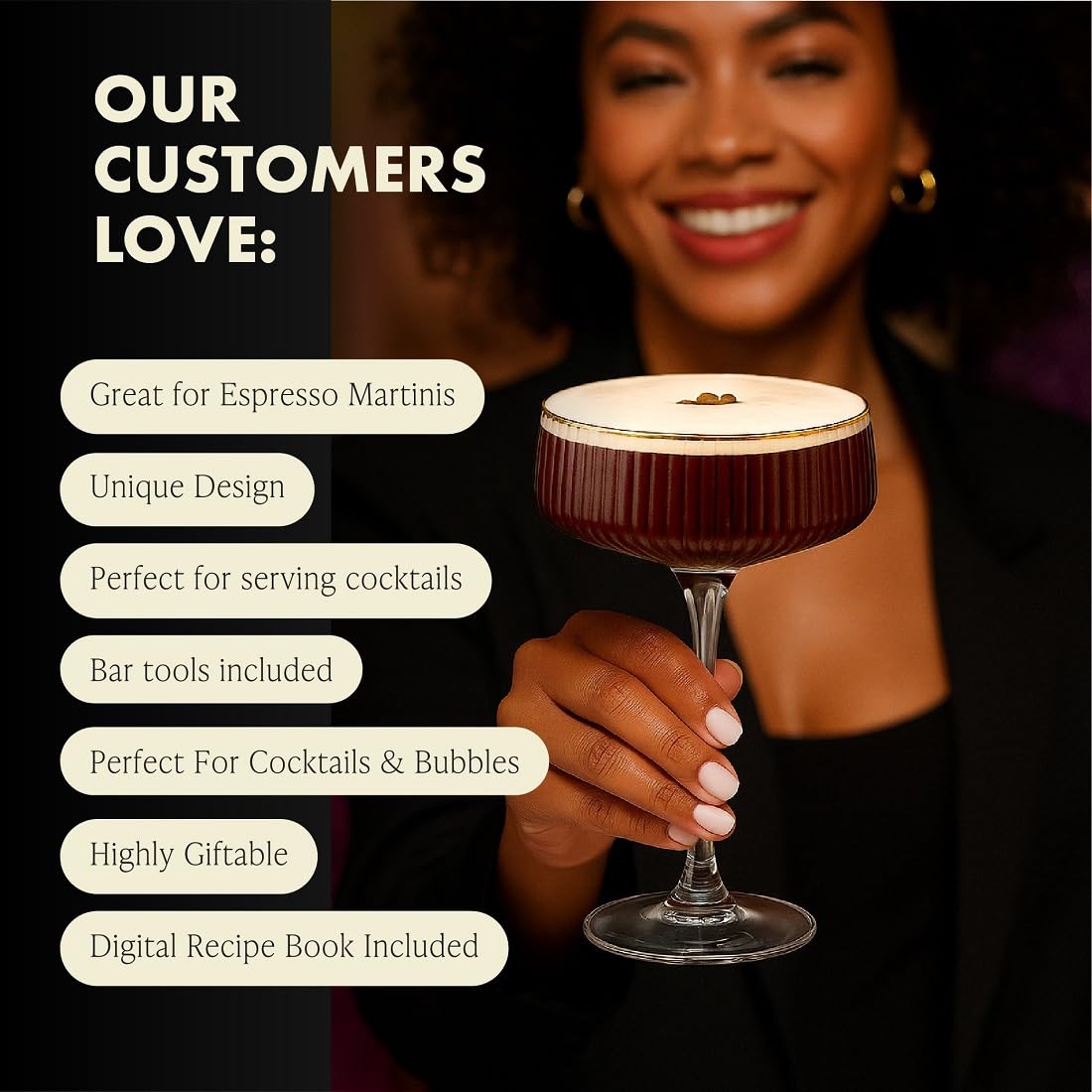 Verre VEMACITY utilisé pour un espresso martini, rendu visuel soigné