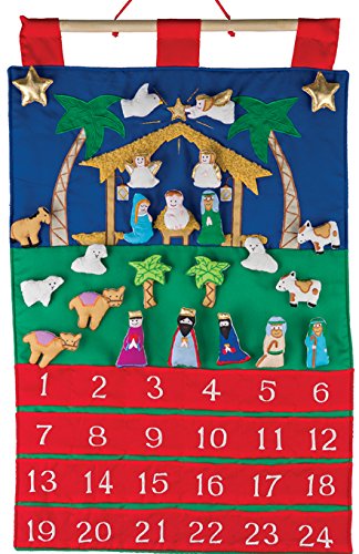 Vermont Christmas Company face avant du calendrier montrant la scène de la crèche et 25 poches, décor immédiat