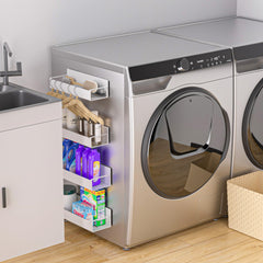 Vetacsion étagère fixée sur lave-linge montrant organisation pratique près du tambour