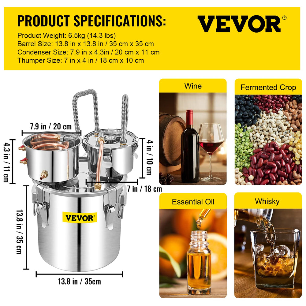 VEVOR alambic comparaison échelle à côté d'objets, montre compacité et capacité 30 L