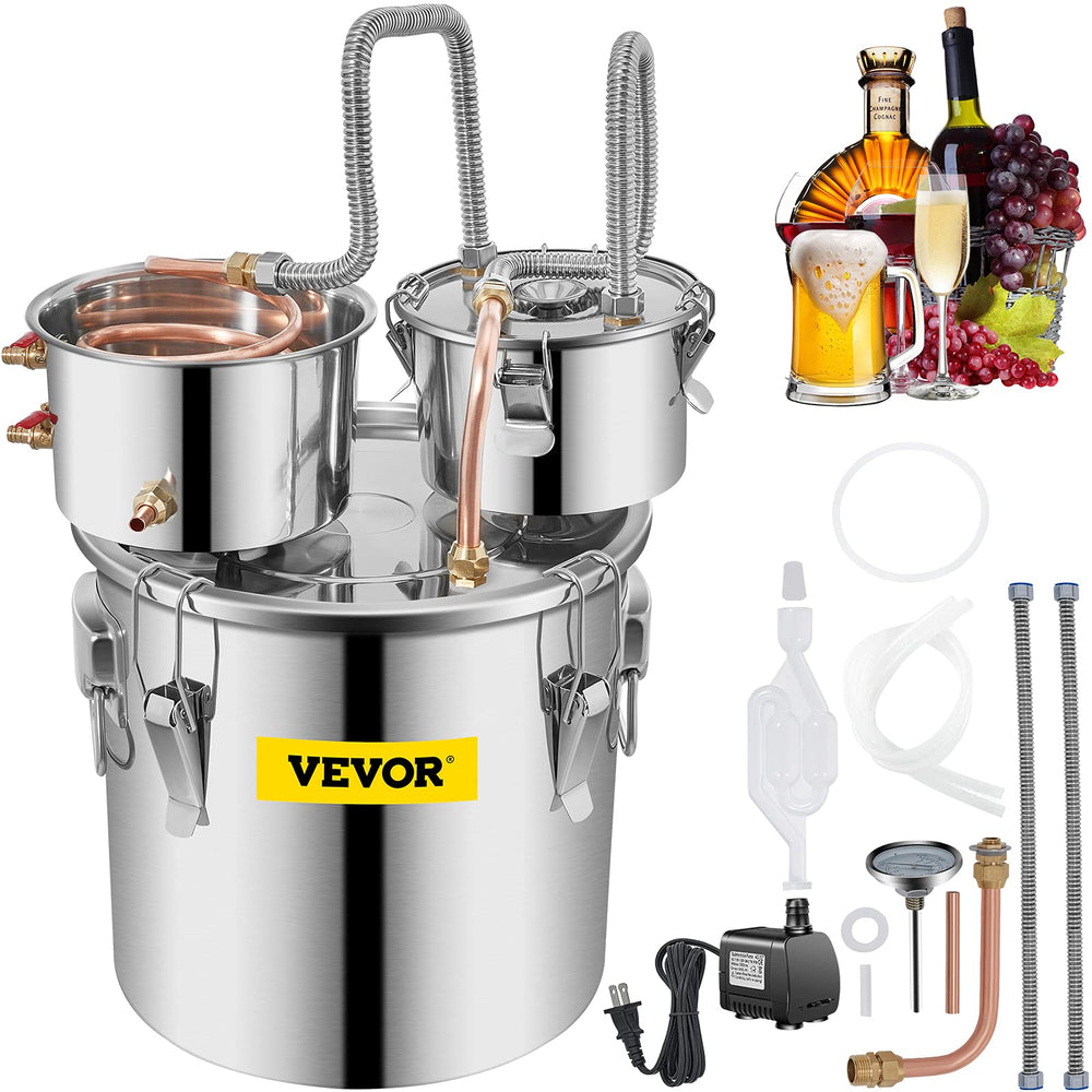 VEVOR alambic face avant montrant cuve inox et condenseur, facilite distillation sûre