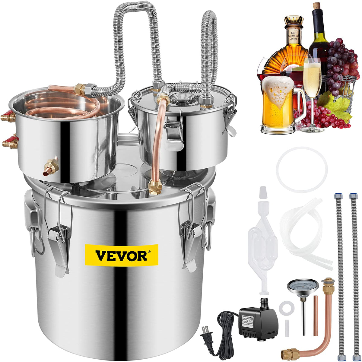 VEVOR alambic face avant montrant cuve inox et condenseur, facilite distillation sûre